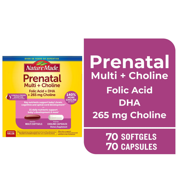 Nature Made Prenatal Vitamins Softgels + Choline Supplement Capsules, 70 + 70 Count