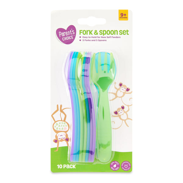 Parent's Choice Baby Feeding Fork & Spoon Set, Multicolor, 9+ Months, 10 Count
