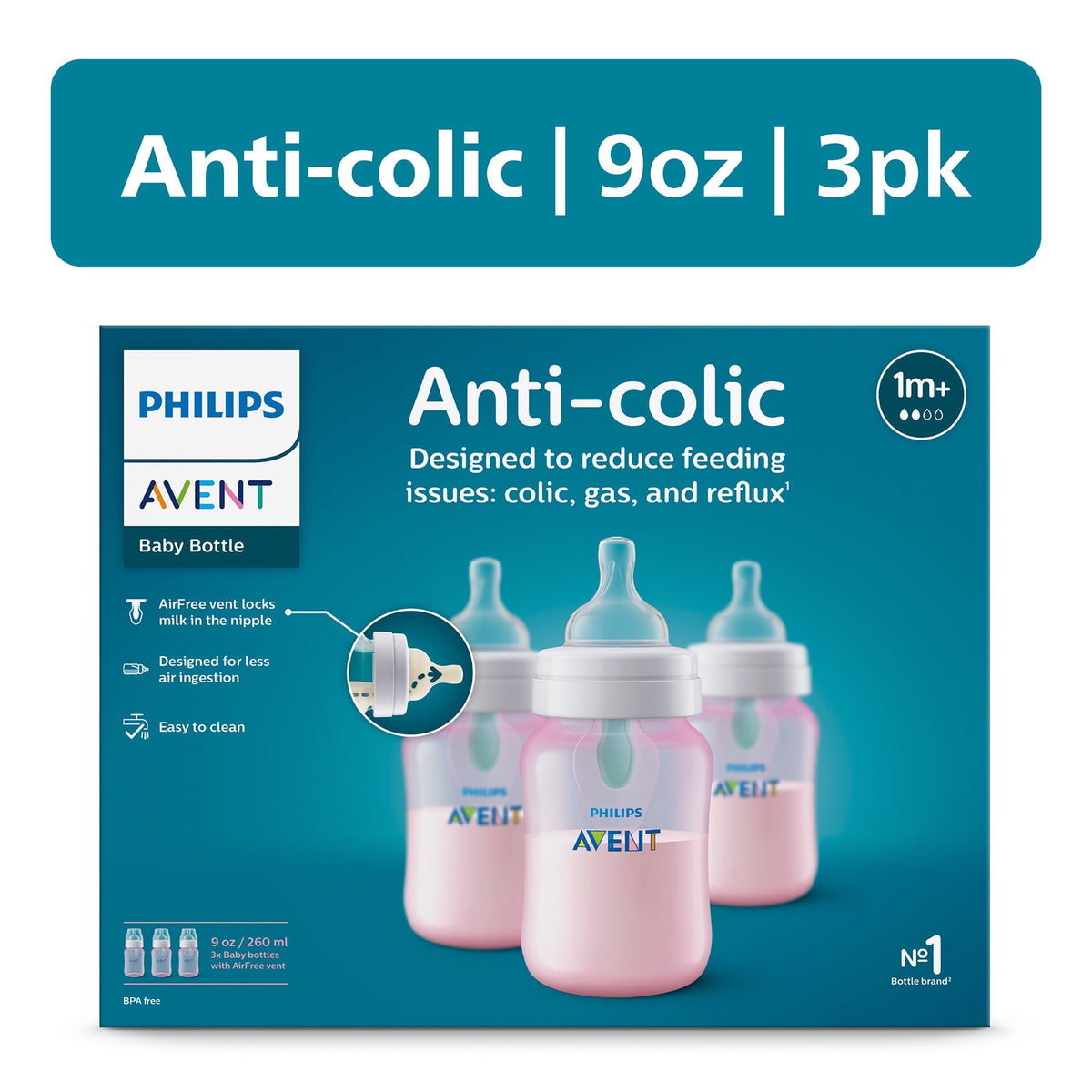 Philips Avent Anti-colic Bottle with AirFree Vent, 9oz, 3pk, Pink, SCY703/13
