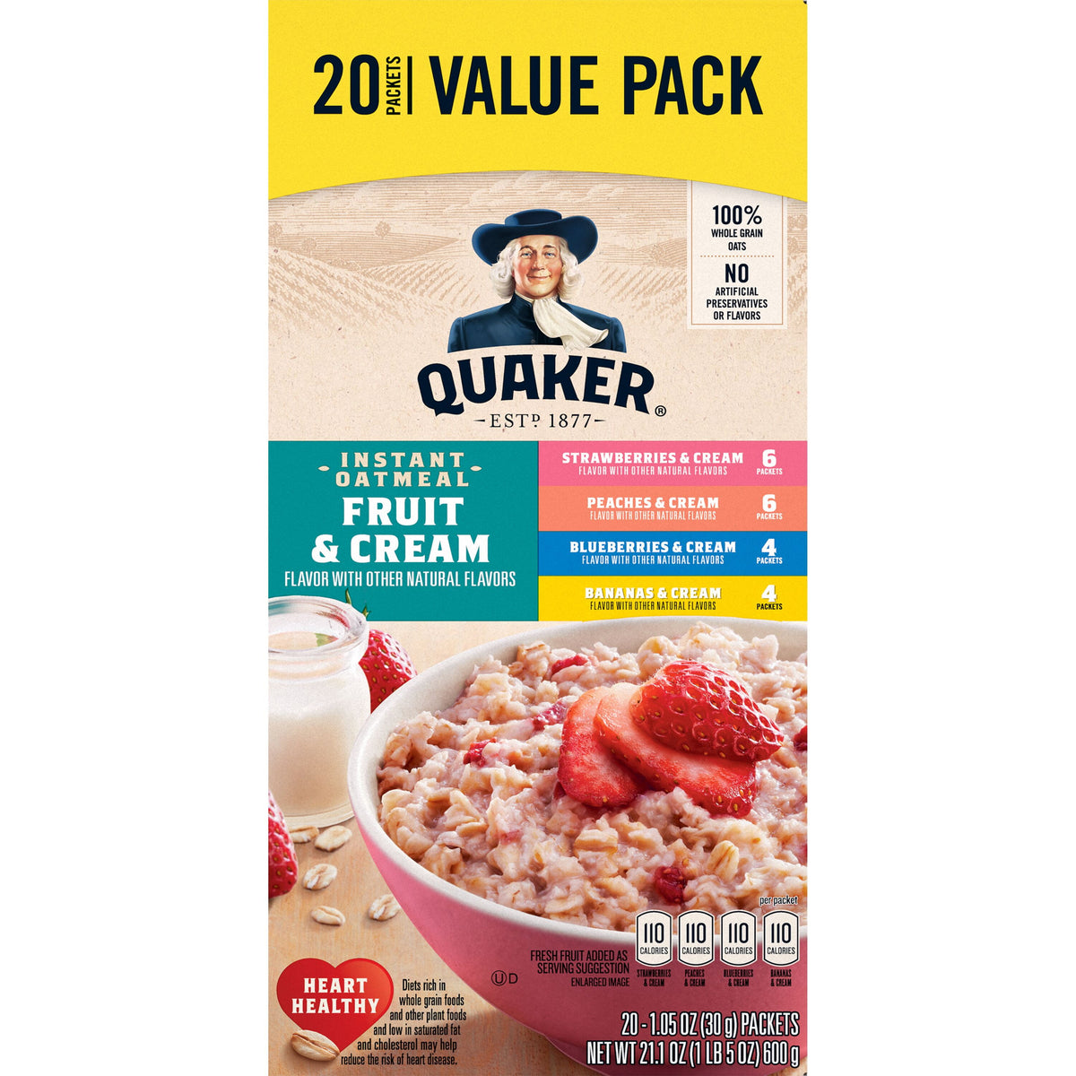 Quaker Instant Oatmeal, Fruit & Cream Variety Pack, 20 Packets