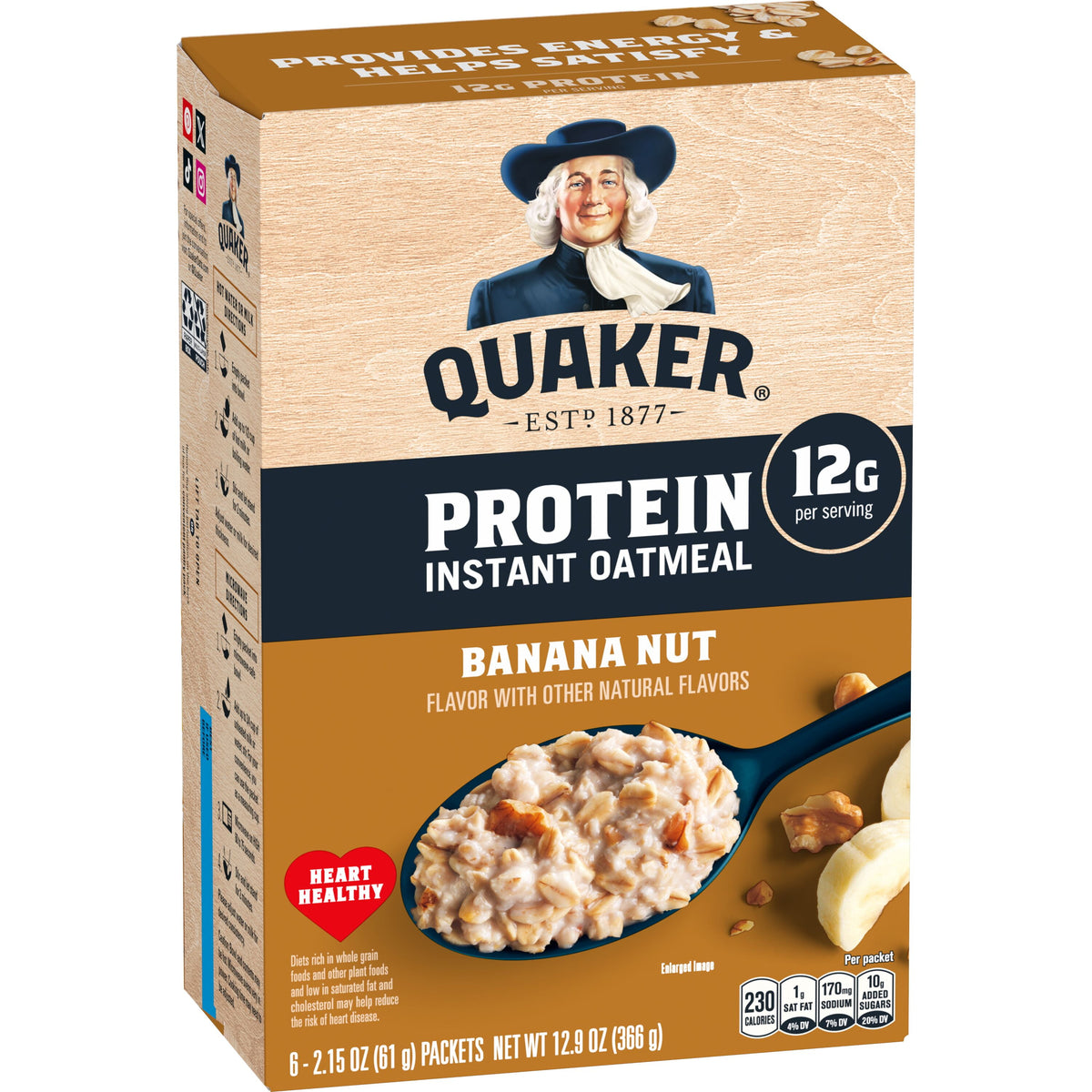 Quaker Protein Instant Oatmeal, Banana Nut, 12g Protein per Serving, Whole Grains, No Artificial Flavors, 2.15 oz Packets, (6 Pack)​