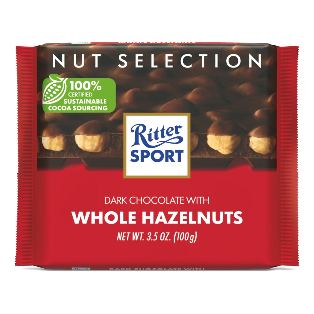 Ritter Sport Dark Chocolate Candy Bar with Crunchy Whole Hazelnuts – Authentic German Chocolate, Wrapped, 3.5 oz
