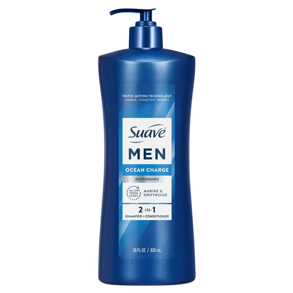 Suave Men Refreshing 2-in-1 Body & Face Wash with Glycerin & Vitamin E, Ocean Charge, 28 fl oz