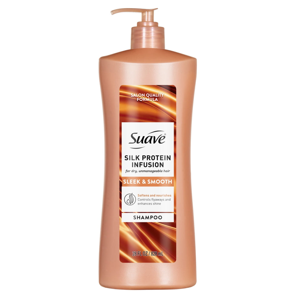 Suave Silk Protein Smooth and Sleek Smoothing Shampoo for Frizzy Hair, Anti-Humidity Shampoo, Smooths for Sleek, Shiny Hair, 28 fl oz