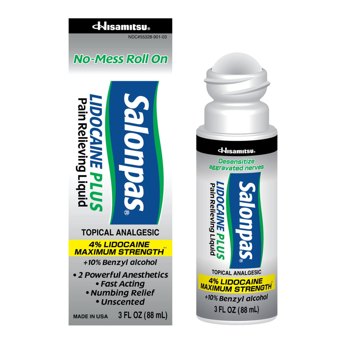 Salonpas Lidocaine Plus Pain Relieving No-Mess Roll On Liquid, 3 fluid oz