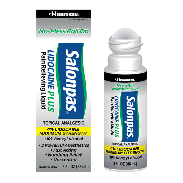 Salonpas Lidocaine Plus Pain Relieving No-Mess Roll On Liquid, 3 fluid oz