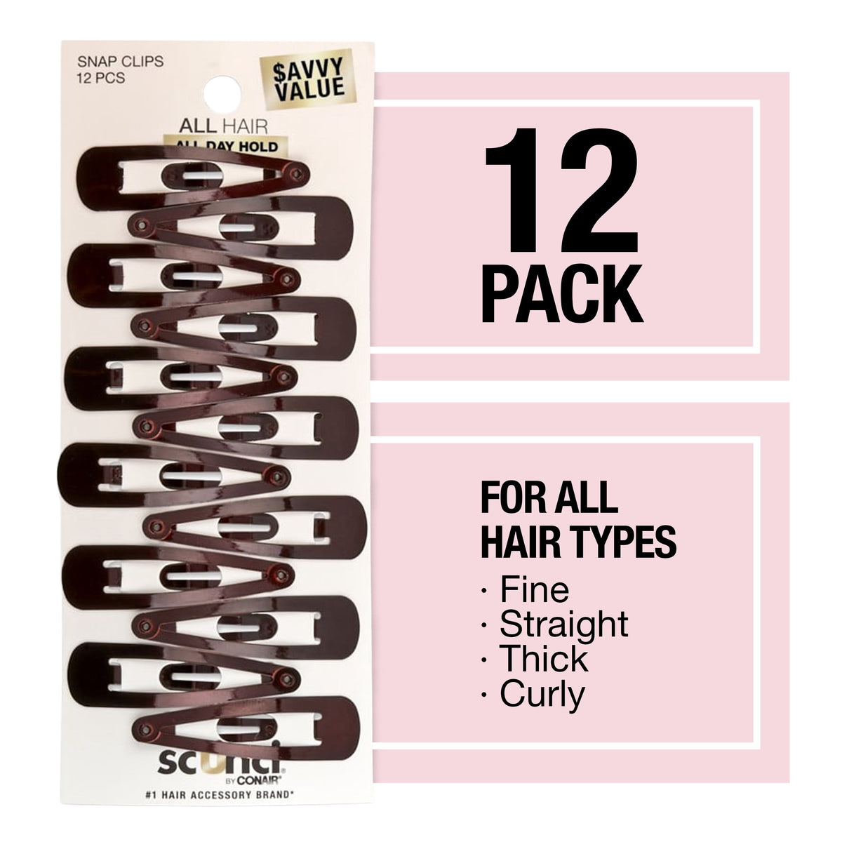 Scunci Metal Snap Hair Clips, Brown, 12 Count