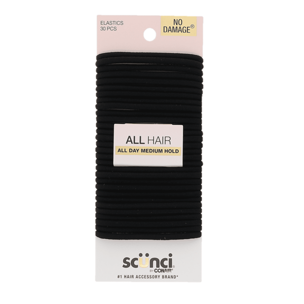 Scunci No Damage No Metal Hair Ties, Black, 30 Count Ponytail Holders