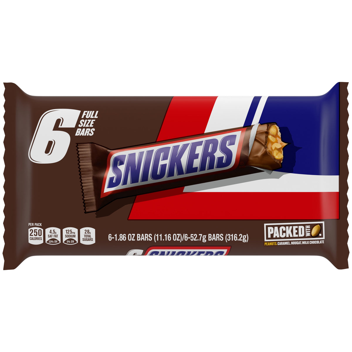 Snickers Full Size Chocolate Candy Bars - 11.16 oz (6 Pack)
