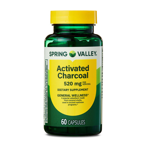 Spring Valley Activated Charcoal Dietary Supplement Capsules for General Wellness, 520 mg, 60 Count