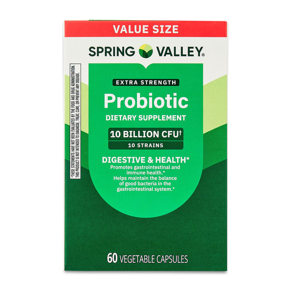 Spring Valley Extra Strength Probiotic Vegetable Capsules for Digestive Health, 10 Billion CFU, 60 Count