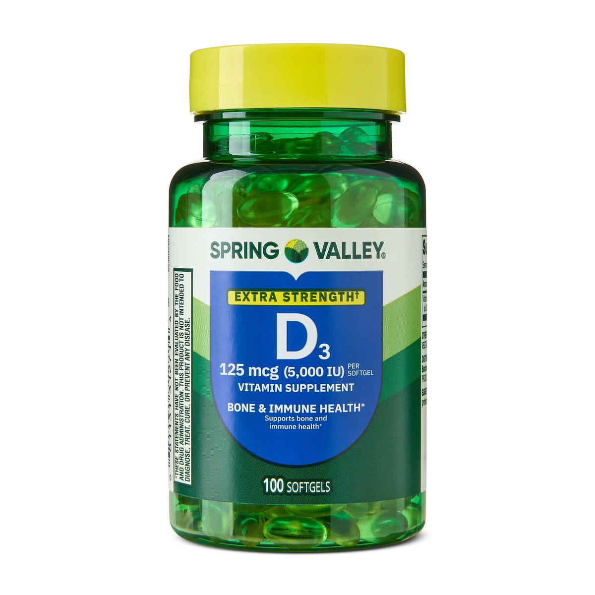 Spring Valley Extra Strength Vitamin D3 Softgels, 125 mcg (5000 IU), 100 Count, Supplement for Bone and Immune Health