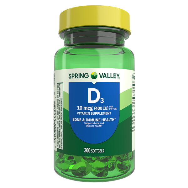 Spring Valley Vitamin D3 Softgels,10 mcg (400 IU), 200 Count, Supplement for Bone and Immune Health