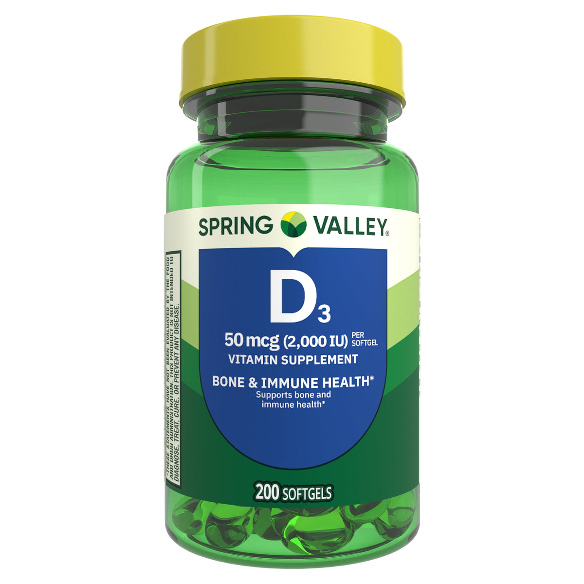 Spring Valley Vitamin D3 Softgels, 50 mcg (2,000 IU), 200 Count, Supplement for Bone and Immune Health