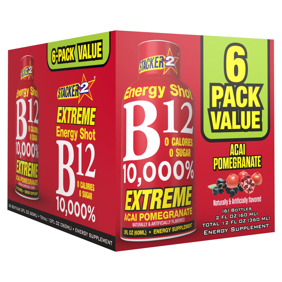 Stacker 2 B12 10,000% Energy Shot Acai Pomegranate, 2 fl oz, 6 count