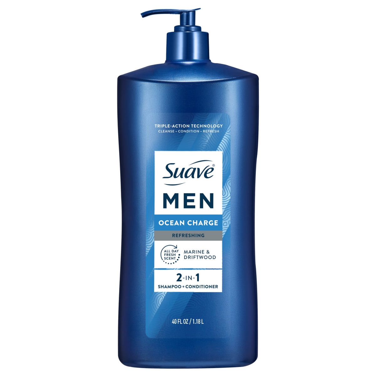 Suave Men Ocean Charge 2-in-1 Refreshing Shampoo & Conditioner with Pro Vitamin B5, 40 FL OZ Pump