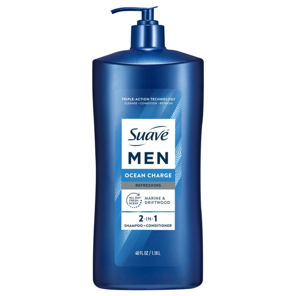 Suave Men Ocean Charge 2-in-1 Refreshing Shampoo & Conditioner with Pro Vitamin B5, 40 FL OZ Pump