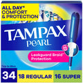 Tampax Pearl Tampons Duo Multipack with LeakGuard Braid, Regular/Super Absorbency, 34 Count