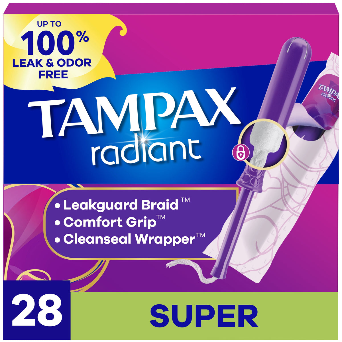 Tampax Radiant Tampons with LeakGuard Braid, Super Absorbency, 28 Count
