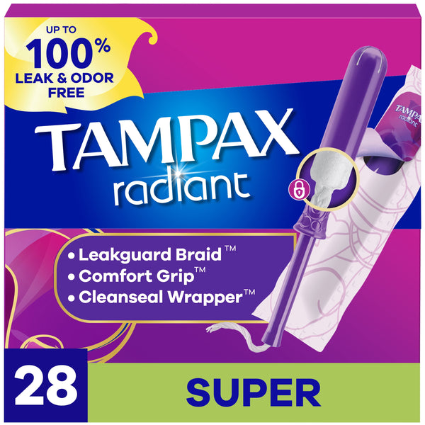 Tampax Radiant Tampons with LeakGuard Braid, Super Absorbency, 28 Count