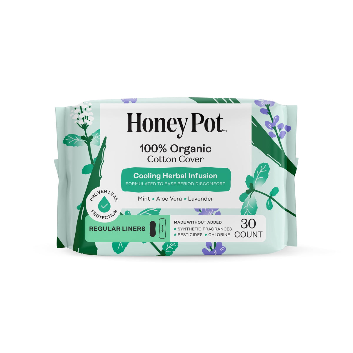 Honey Pot 100% Organic Cotton Cover Cooling Herbal Infusion Regular Liners, 30 count