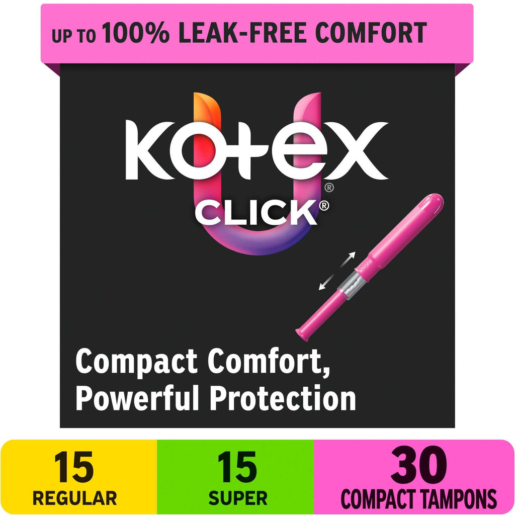 U by Kotex Click Compact Multipack Tampons, Regular/Super, Unscented, 30 Count