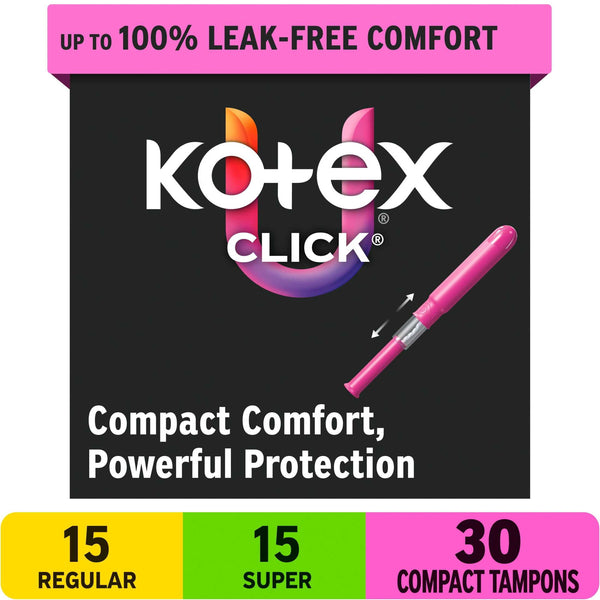 U by Kotex Click Compact Multipack Tampons, Regular/Super, Unscented, 30 Count