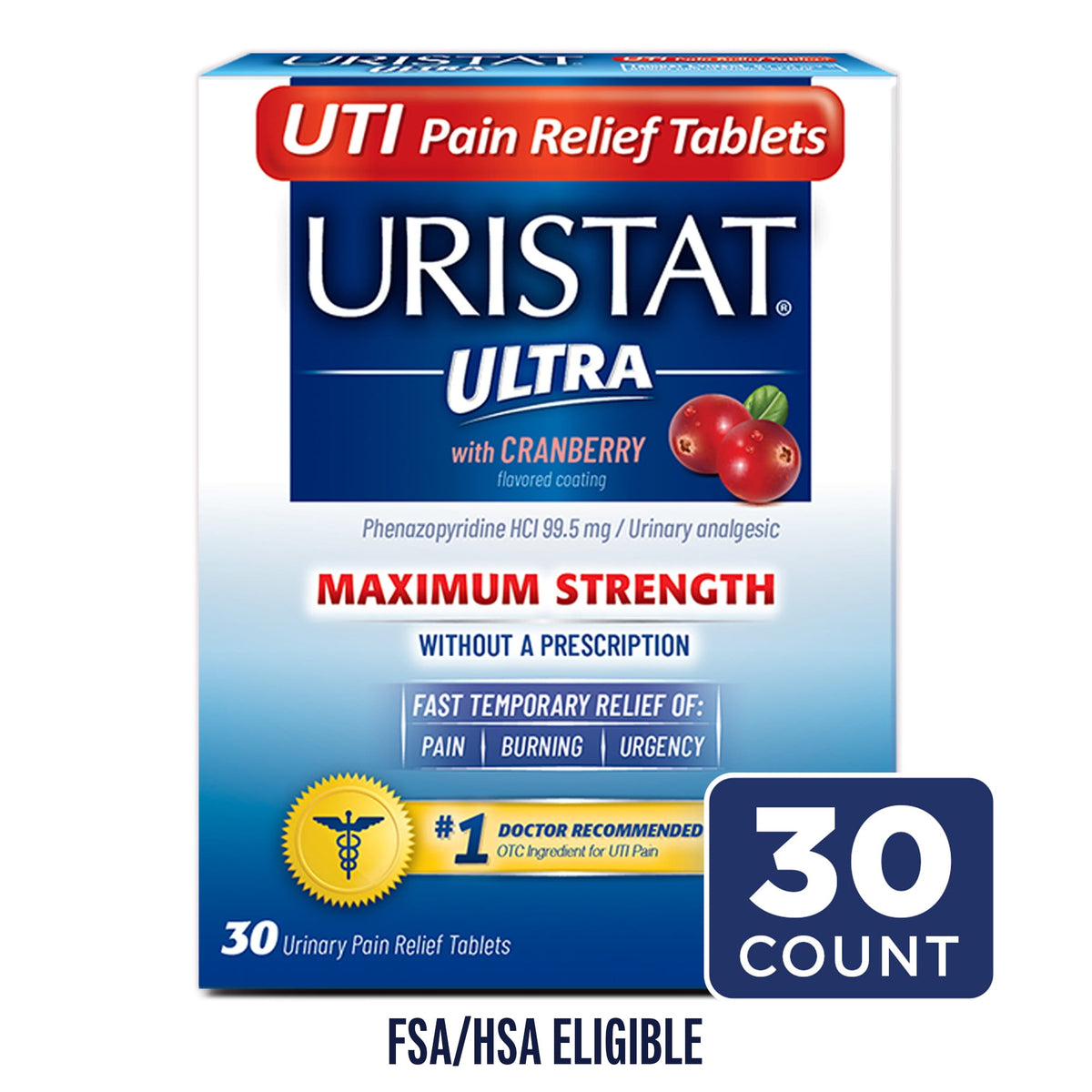 URISTAT Ultra UTI Pain Relief, Cranberry Flavored UTI Treatment Tablets, 30 Ct