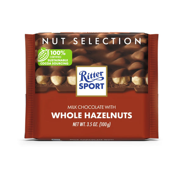 Ritter Sport Milk Chocolate Candy Bar with Crunchy Whole Hazelnuts – Authentic German Chocolate, Wrapped, 3.5 oz