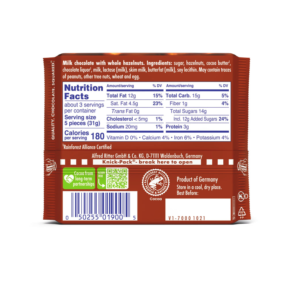 Ritter Sport Milk Chocolate Candy Bar with Crunchy Whole Hazelnuts – Authentic German Chocolate, Wrapped, 3.5 oz