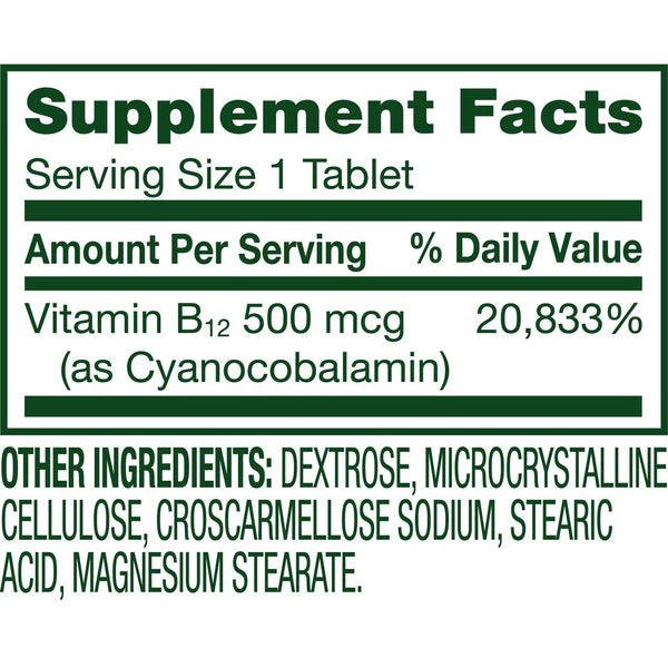 Spring Valley Vitamin B12 Supplement, 500 mcg, 100 Count, Tablets for Metabolism Support
