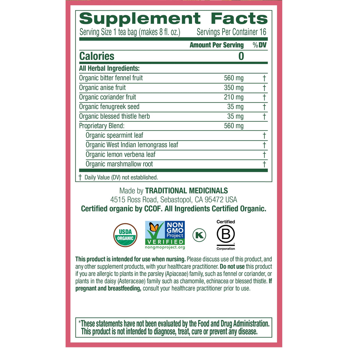 Traditional Medicinal Mother's Milk, Organic Tea Bags, 16 Count