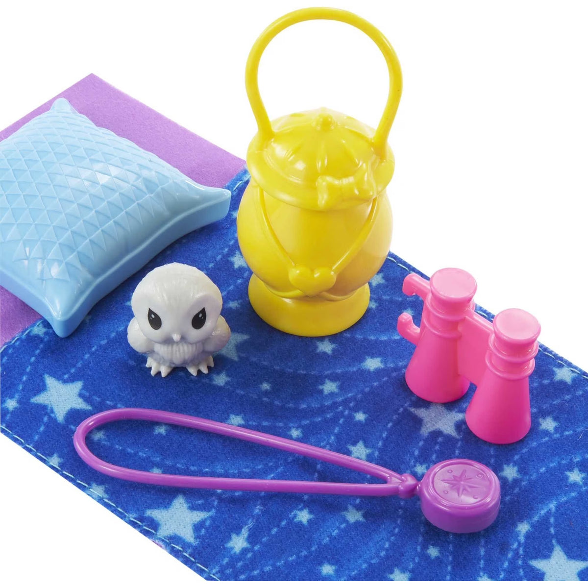 Barbie It Takes Two Chelsea Doll Set with Owl, Sleeping Bag & Camping Accessories, Blonde Small Doll