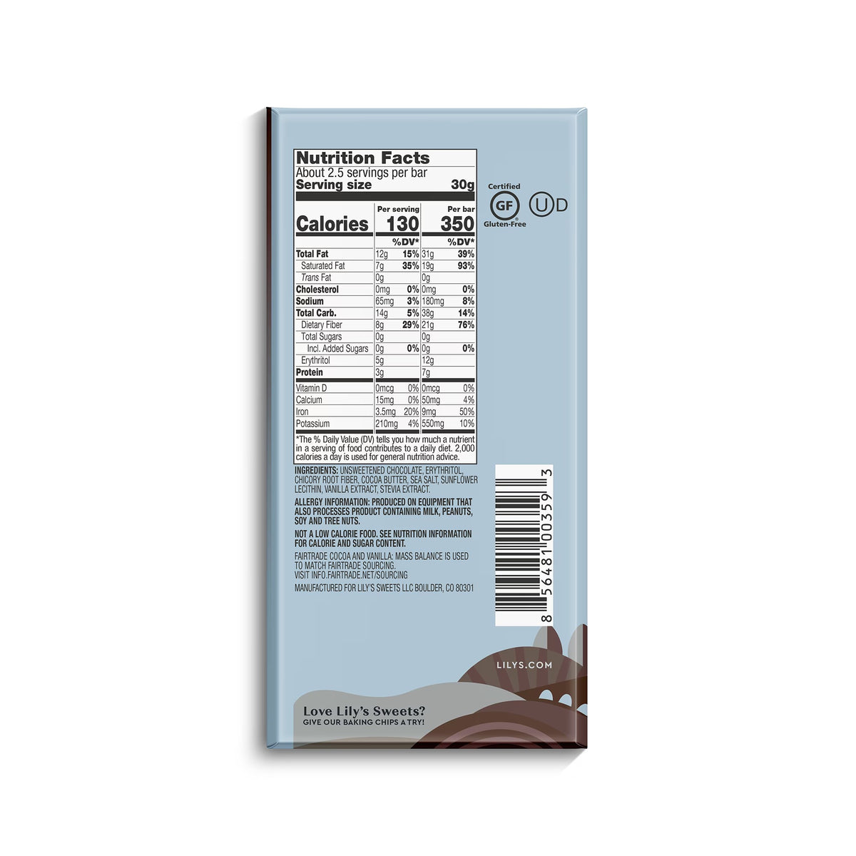 LILY'S Sea Salt Extra Dark Chocolate Style No Sugar Added, Gluten Free Sweets, Bar 2.8 oz