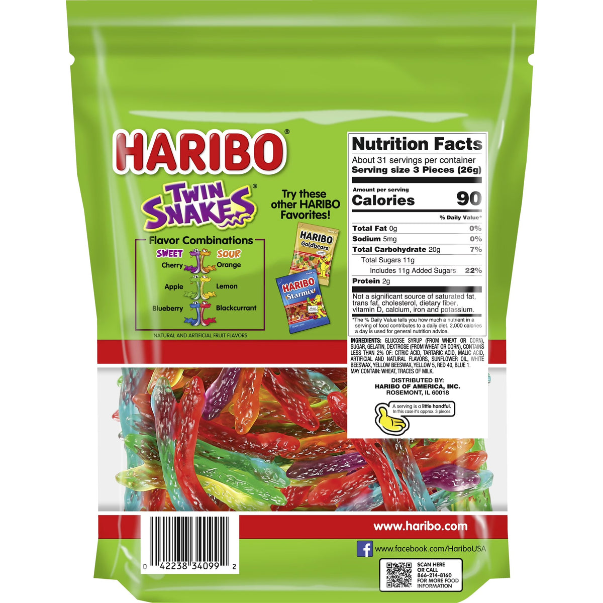 HARIBO Twin Snakes Gummies Original Sweet and Sour Assorted Fruit Flavor Gummy Candy, 28.8 oz, Bulk Party Size Bag