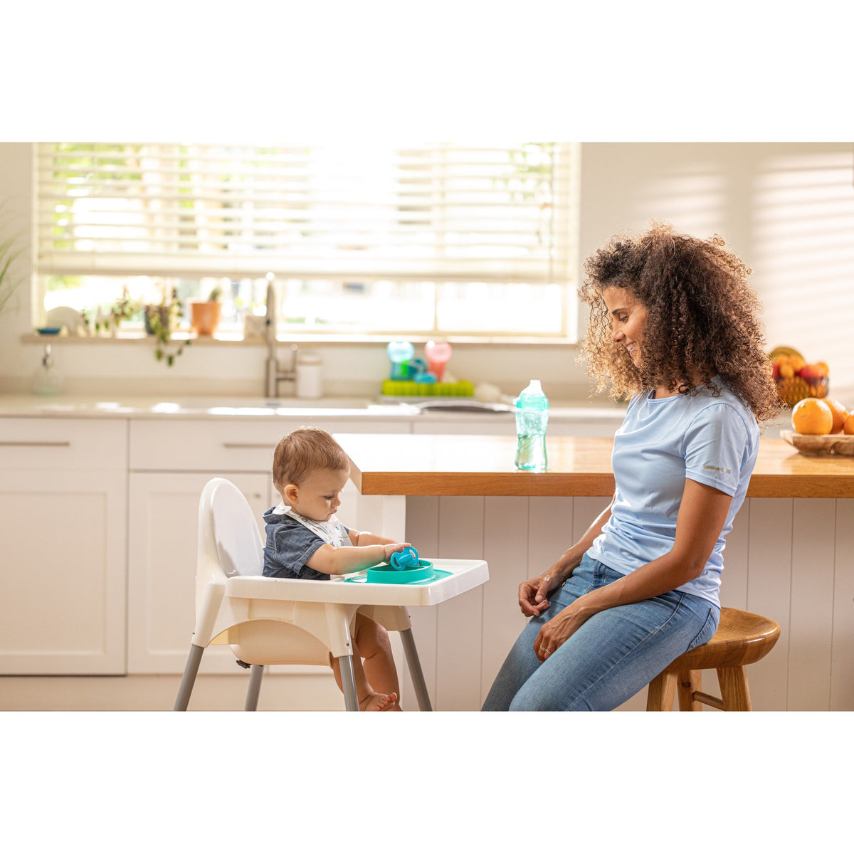 Nuby Sure Grip Silicone Miracle Mat 2-Section Oval Plate, Aqua Blue