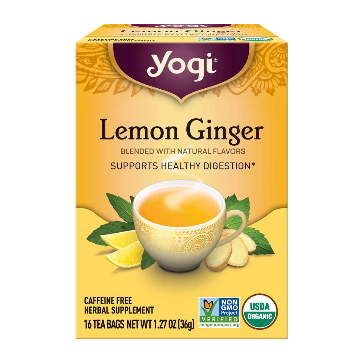 Yogi Lemon Ginger, Caffeine-Free, Organic Herbal Wellness Tea Bags, 16 Count