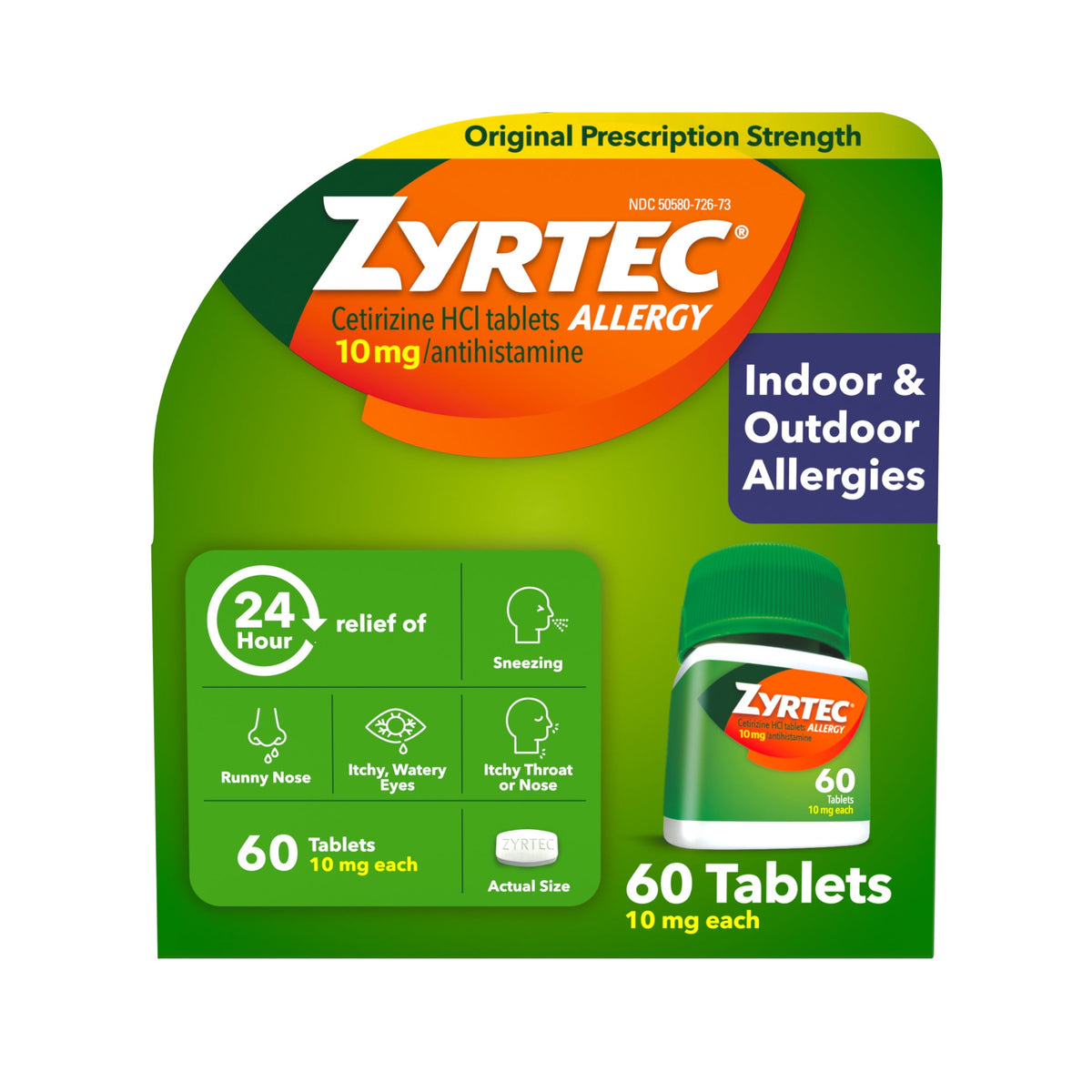Zyrtec 24 Hour Allergy Medicine Tablets, 10 mg Cetirizine HCl Antihistamine, 60 Count