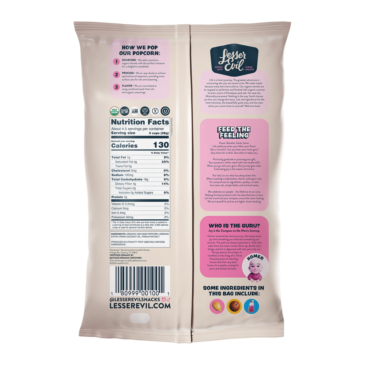 LesserEvil Himalayan Pink Organic Popcorn, 4.6 oz