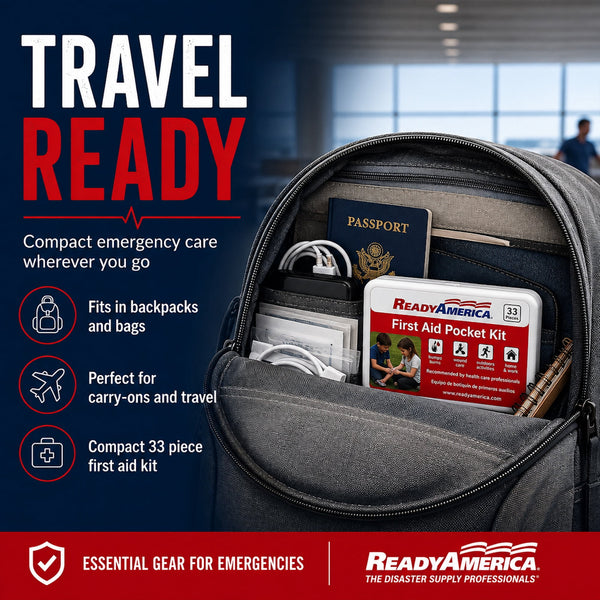 33 Piece First Aid Pocket Kit, Ready America, approximate kit dimensions: 3.75 in. x 4.75 in. x .50 in.