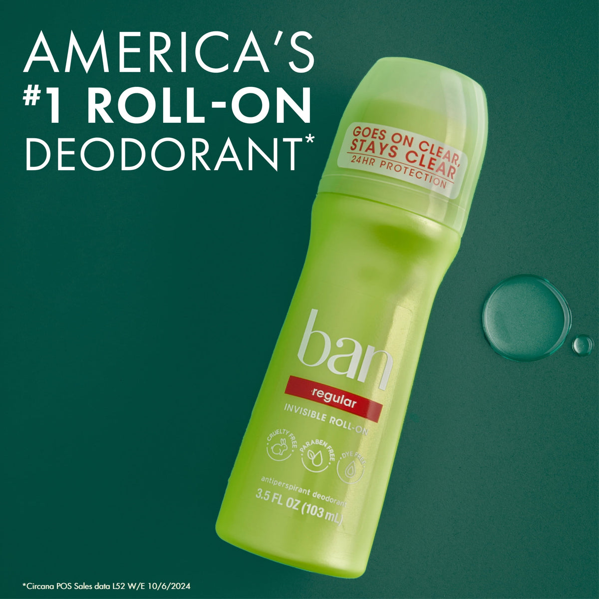 Ban Invisible Roll-on Antiperspirant and Deodorant for Women and Men, Regular Scent, 3.5 fl oz