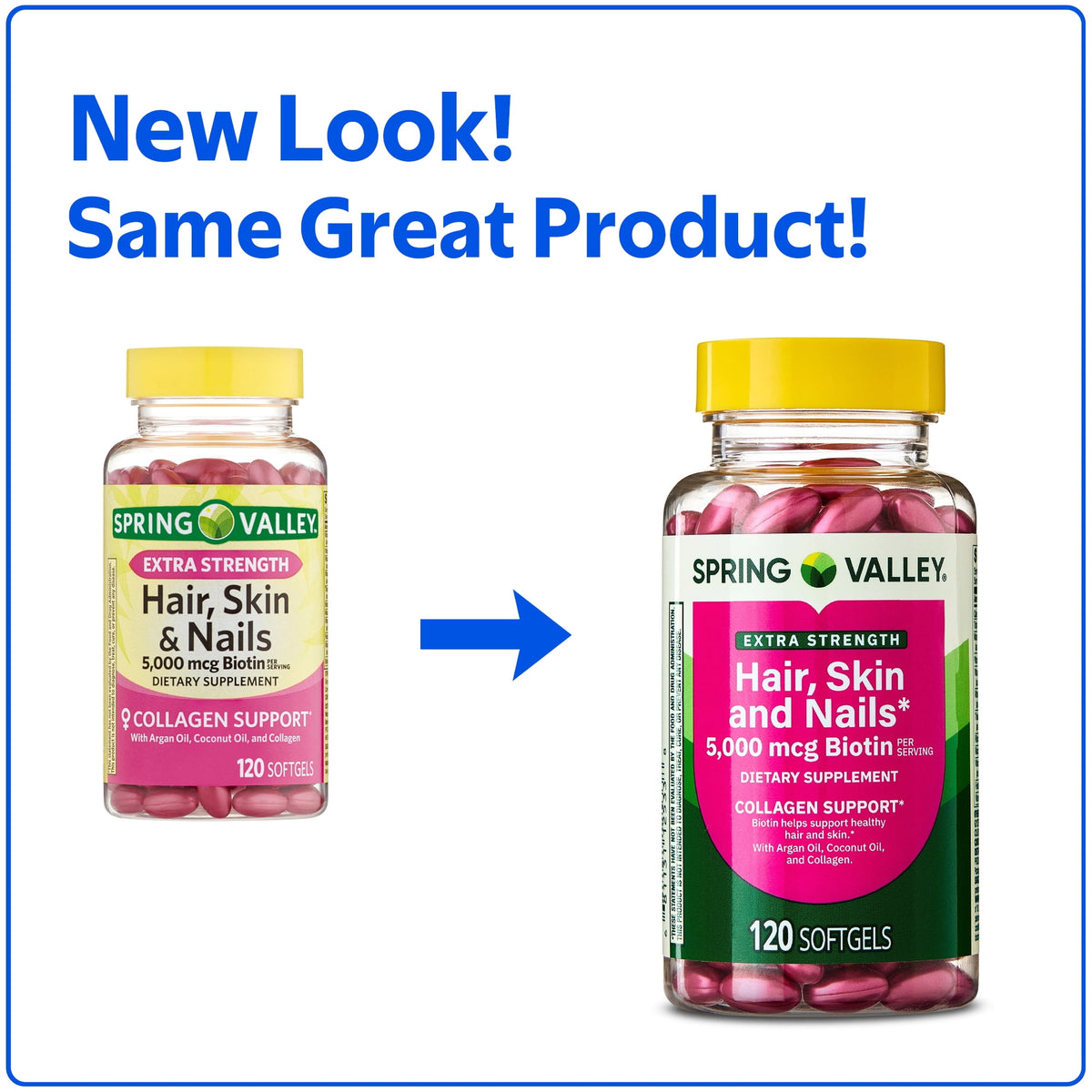 Spring Valley Extra Strength Hair Skin & Nails Collagen Support Softgels, 5000 Mcg Biotin, 120 Count