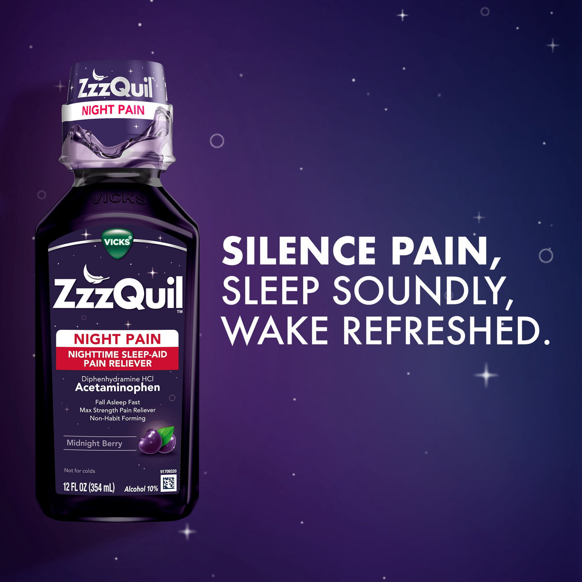 ZzzQuil Liquid Pain Reliever, Acetaminophen 1000mg, Diphenhydramine 50mg HCI, Midnight Berry Flavor, 12 fl oz