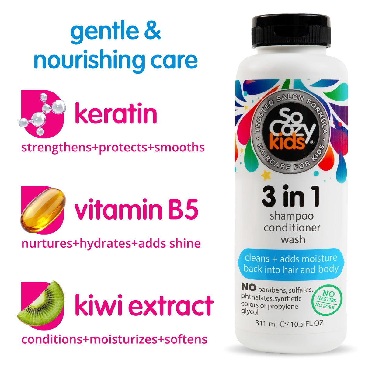 SoCozy Kids 3 in 1 Shampoo + Conditioner + Body Wash, Hair and Body Cleanser, 10.5 Fl oz