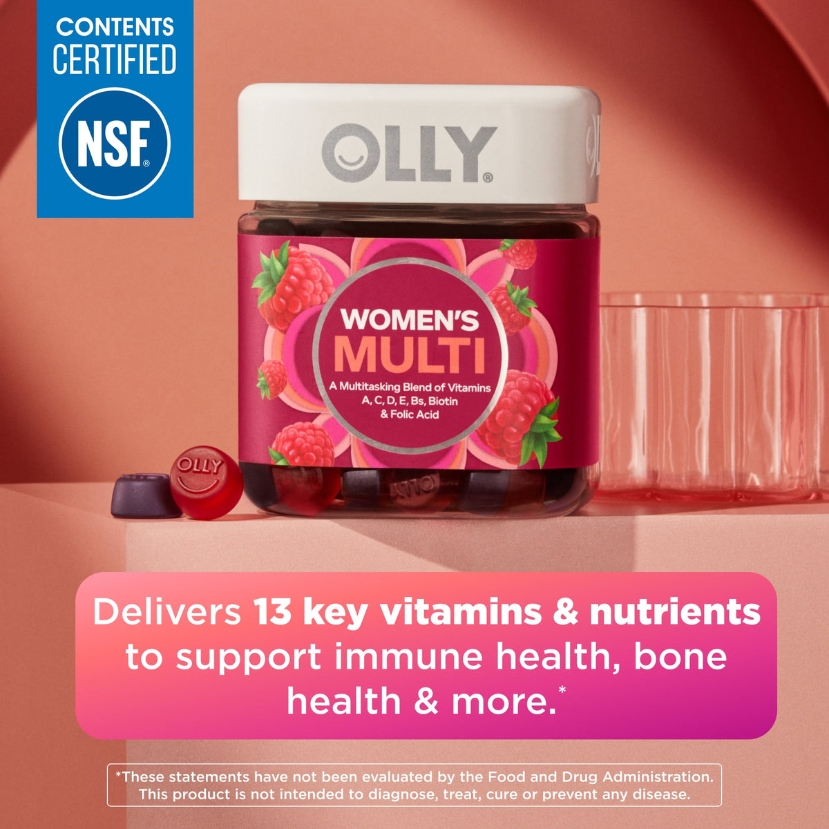 OLLY Women's Multivitamin Gummy Supplement, Vitamins A, D, C, E, Biotin, Folic Acid, 90 Count