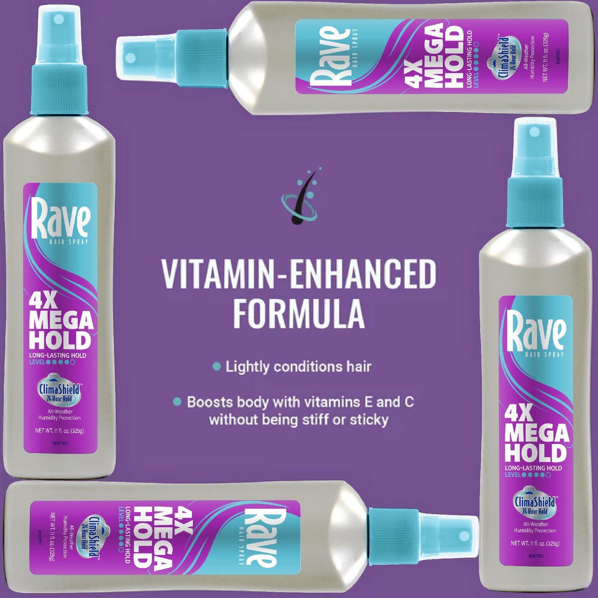 Rave 4X Mega Hold Non-Aerosol Hair Spray, All-Weather Protection with Vitamin-Rich Formula, 11 oz