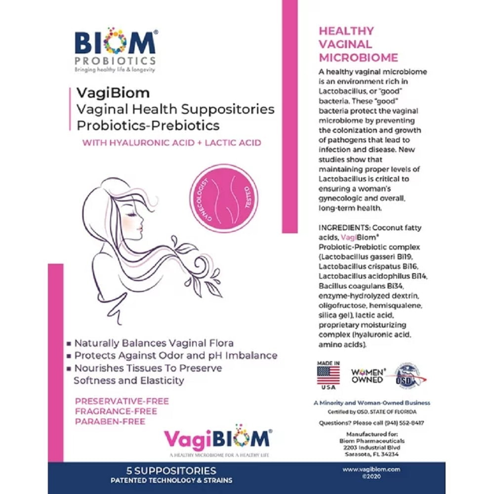 VagiBiom Feminine Balance Suppositories with Probiotics, Prebiotics & Hyaluronic Acid – Fragrance Free, 5 Count