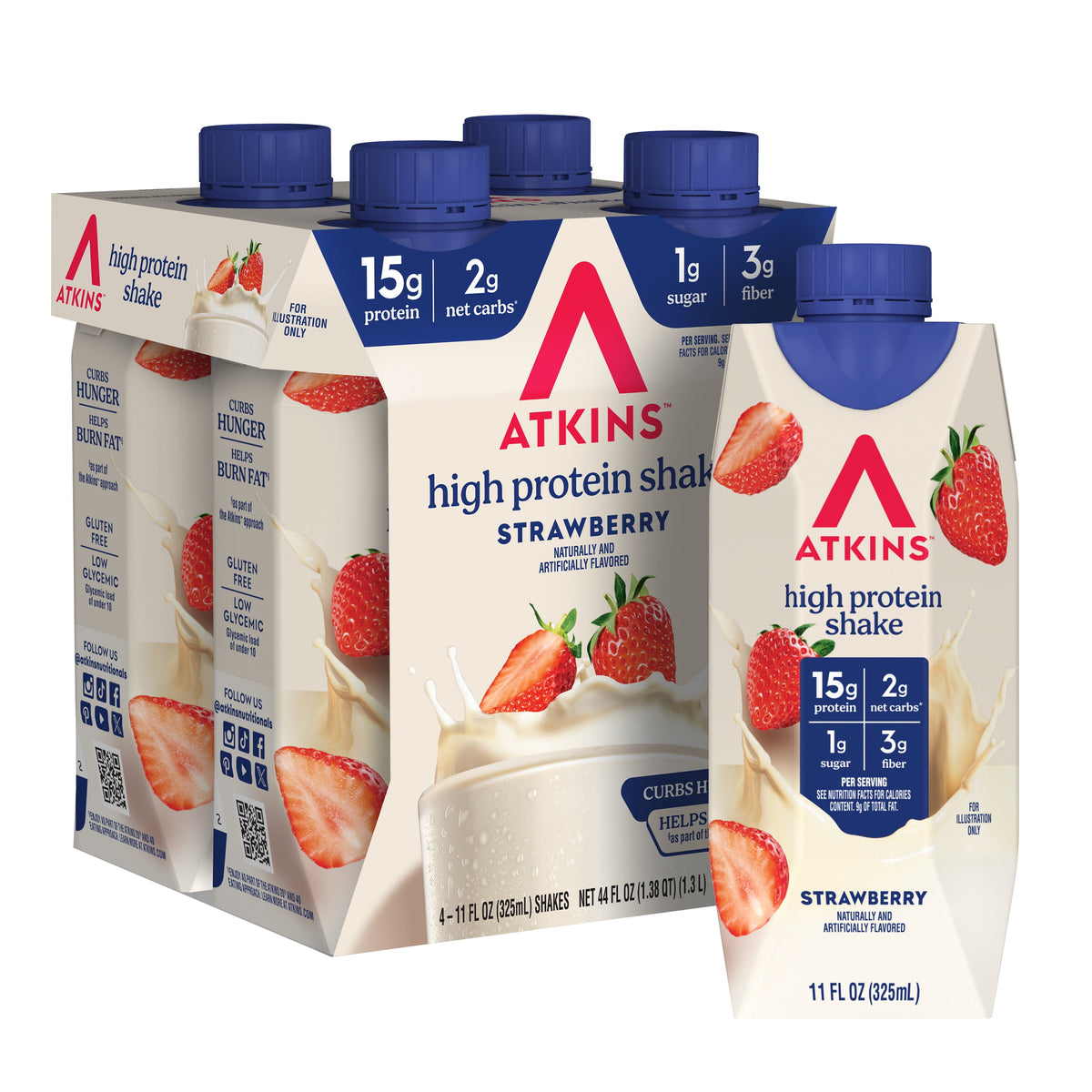 Atkins Protein Shake Strawberry Flavored, 15g Protein, Keto Friendly, 11 fl oz, 4 Count