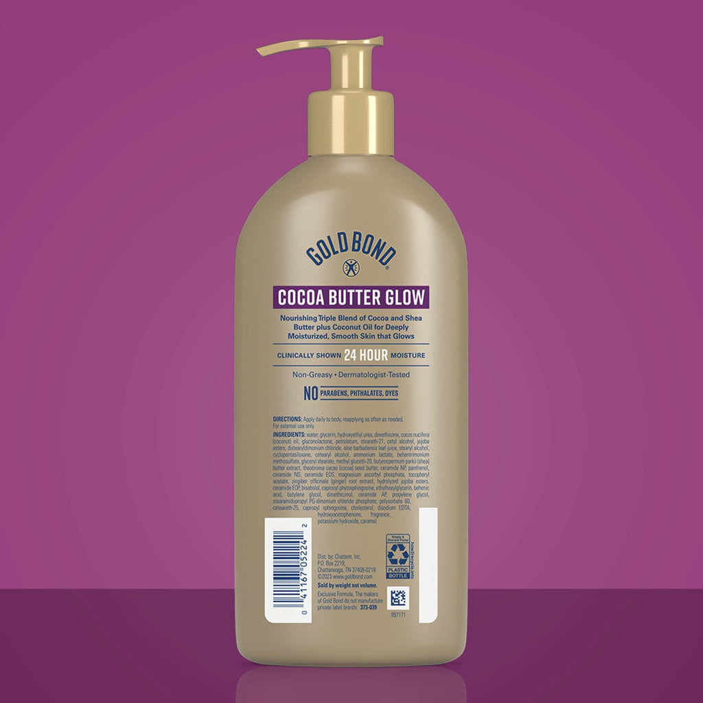 Gold Bond Cocoa Butter Glow Daily Hydrating Lotion with Shea Butter, Cocoa Butter and Coconut Oil, Exfoliating Moisturizer for Dry Skin, 14 oz.