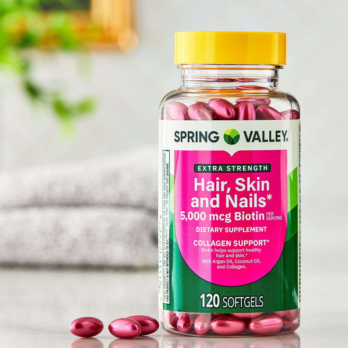 Spring Valley Extra Strength Hair Skin & Nails Collagen Support Softgels, 5000 Mcg Biotin, 120 Count